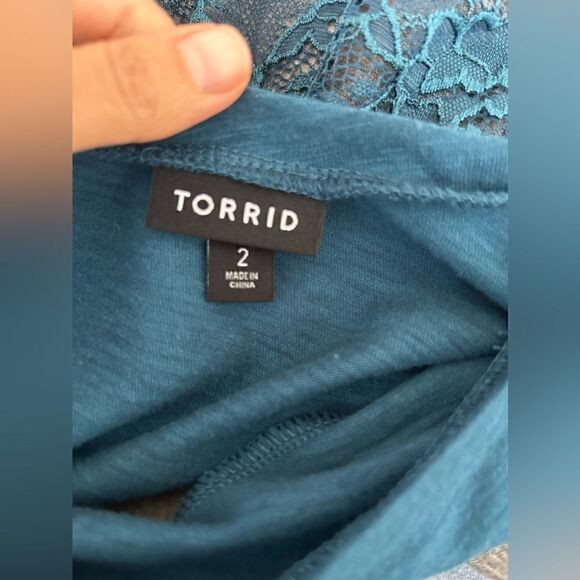 Torrid Blue & Grey Cotton Jersey Lace Back Colorblock Varsity Stripe Tee - Picture 7 of 9